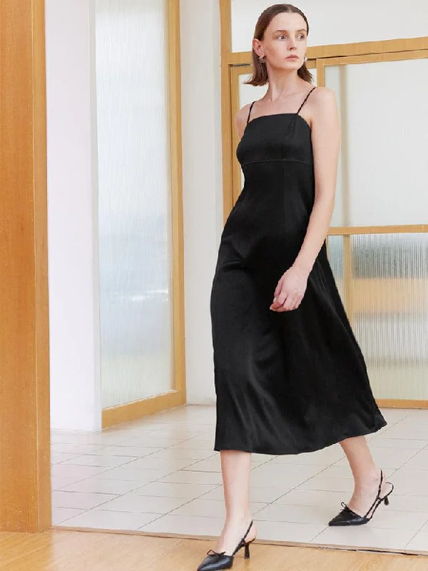 Black Triacetate Smooth Spaghetti Strap Dress Tunics Satin smooth