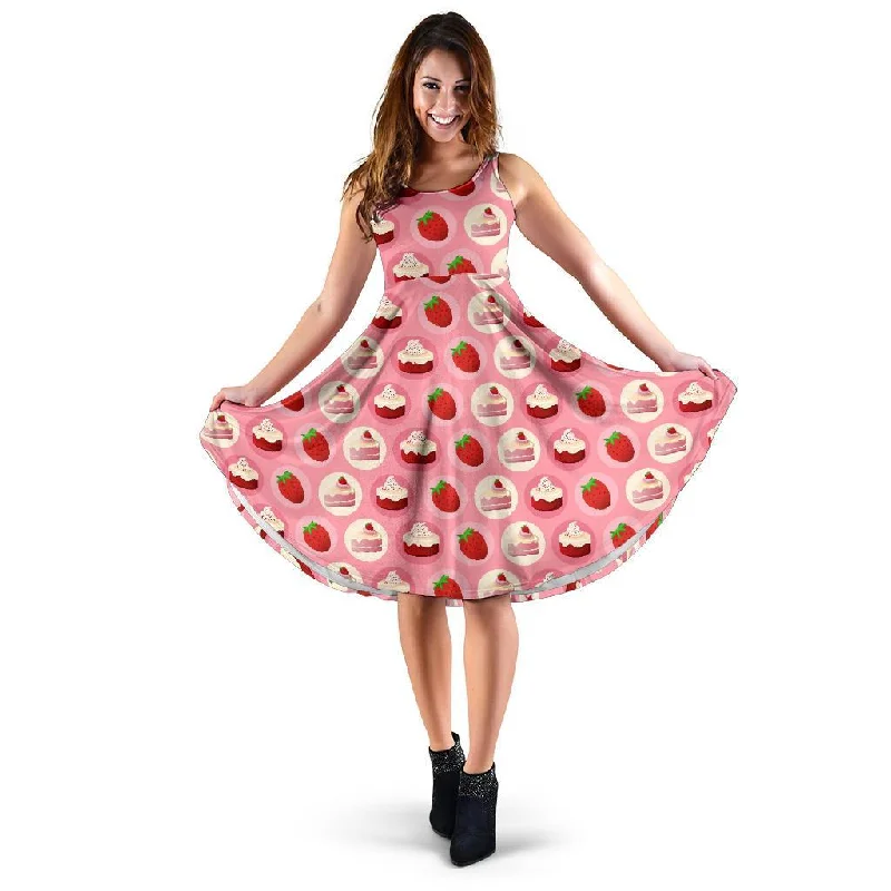 Strawberry Cake Pattern Print Dress Tunics Long Elegant