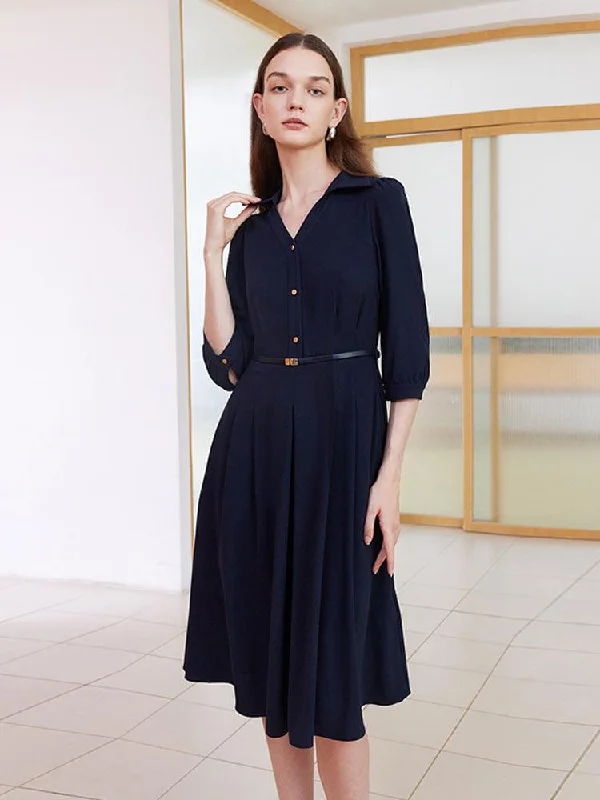 Dark Blue Flowy V-neck Dress With Belt Tunics Canvas sturdy