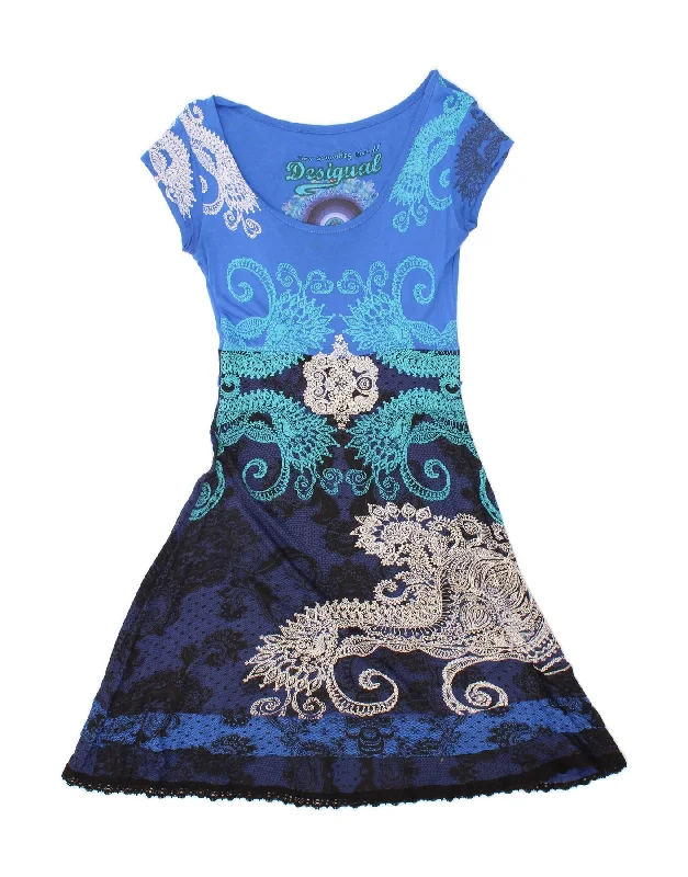 DESIGUAL Womens Short Sleeves A-Line Dress UK 12 Medium Blue Floral Tunics Custom made