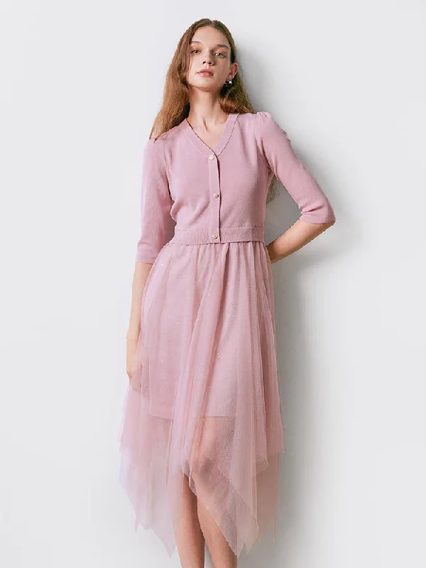 Pink V-neck Slim Patchwork Sequin Dress Tunics Chinos classic