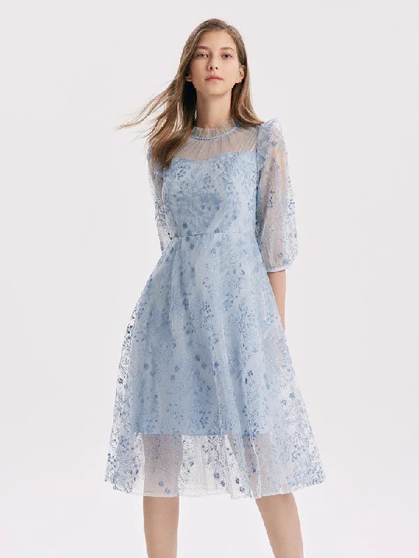 Blue See-Through Mesh Embroidered Dress Off-the-shoulder Chic Trendy