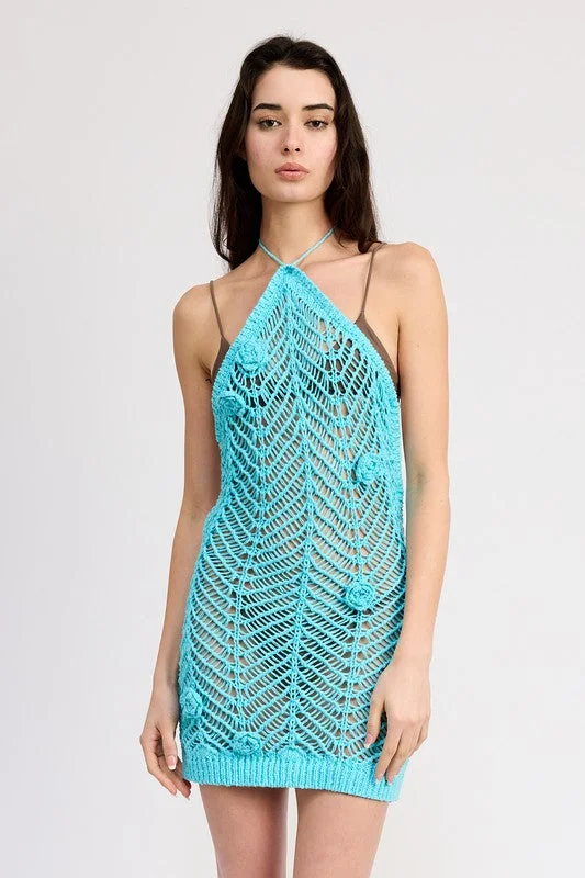 Halter Neck Crochet Dress With Flower Detail Square Neckline Feminine