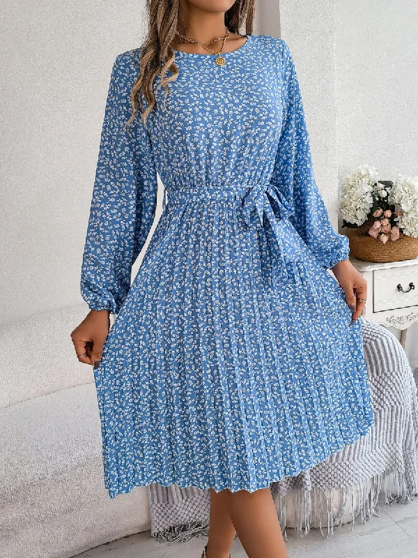 Ditsy Floral Tie Waist Pleated Dress empire Waist empire