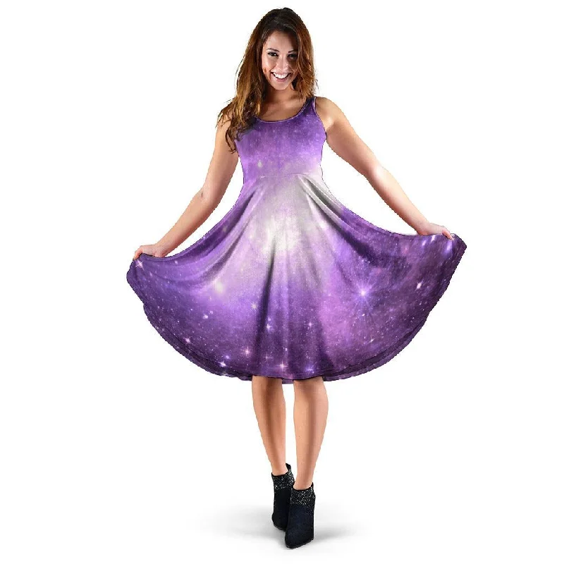 Abstract Purple Galaxy Space Dress Boat Neckline Classic