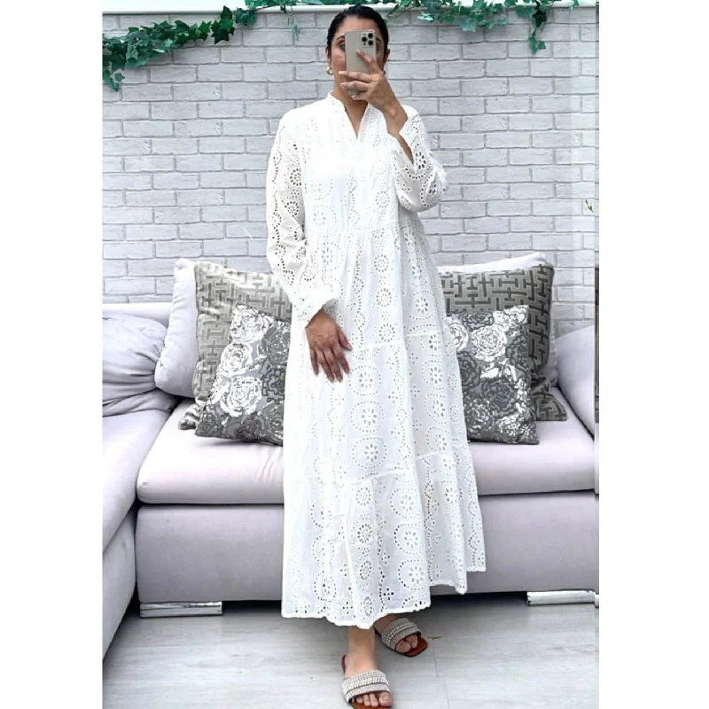 Circular Embroidery Button Dress Tunics Wedding white