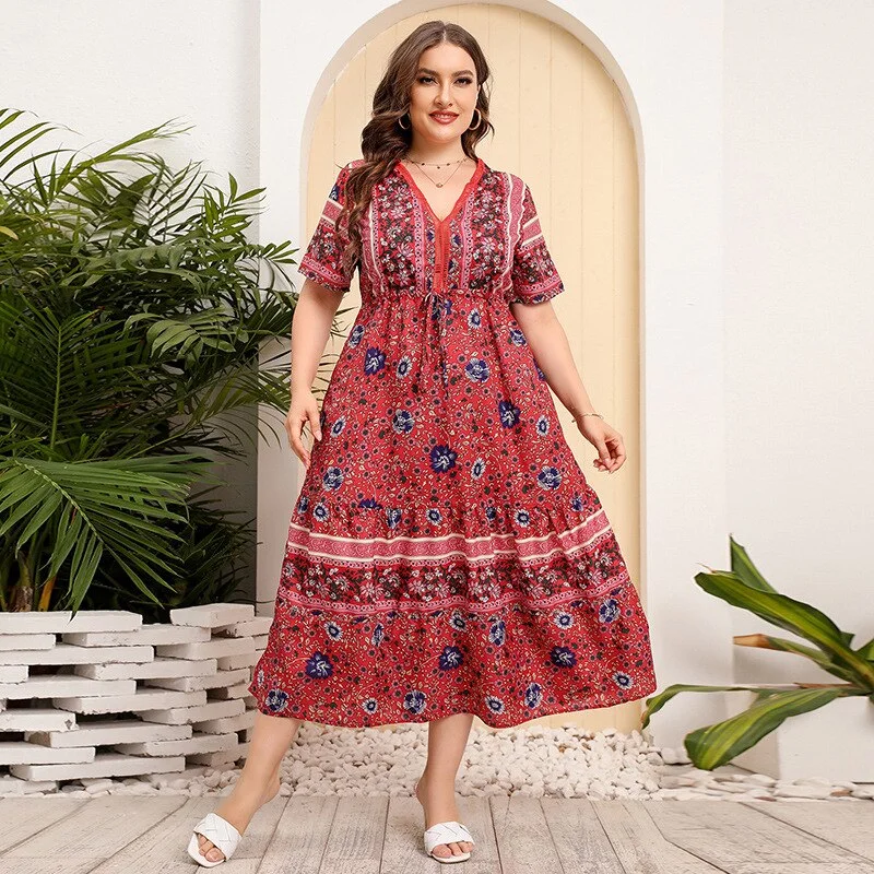 BerriesJam - Bohemian Short Sleeve Floral Print Long Dress Tunics Short Trendy