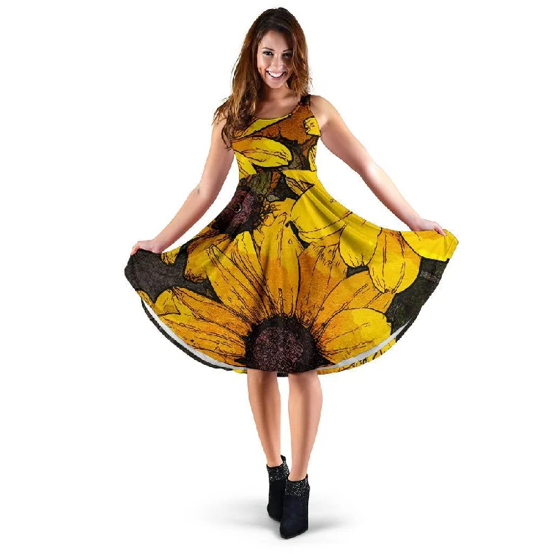 Sunflower Print Pattern Dress Tunics Sophisticated sleek