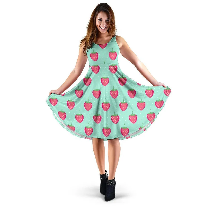 Strawberry Print Pattern Dress sweetheart Neckline Romantic