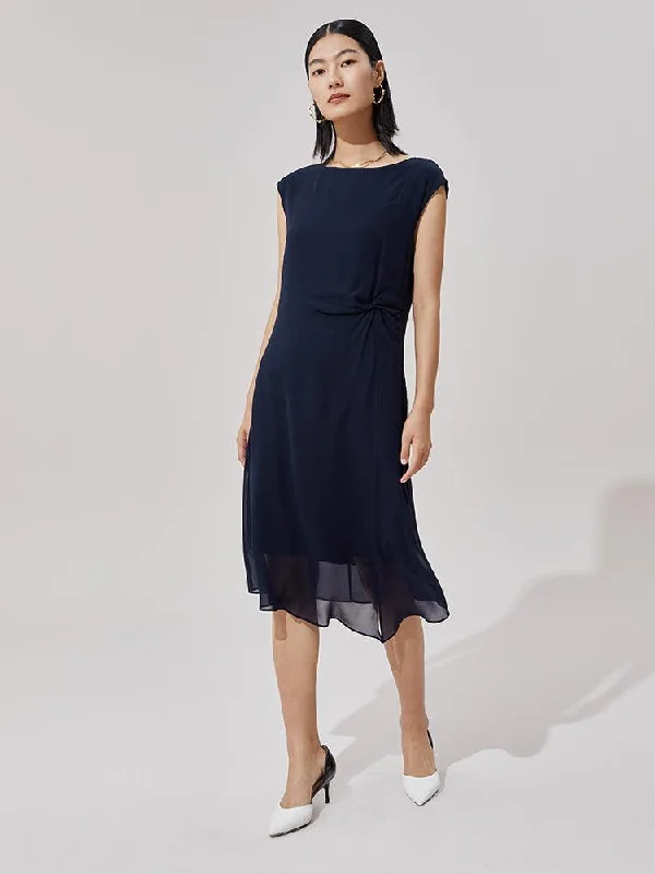 Dark Blue Silk Boat Neck Dress Tunics Summer linen