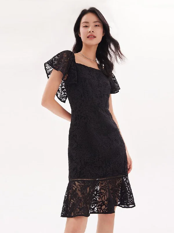 Black Square Neck Lace Slim Dress Tunics Business professional