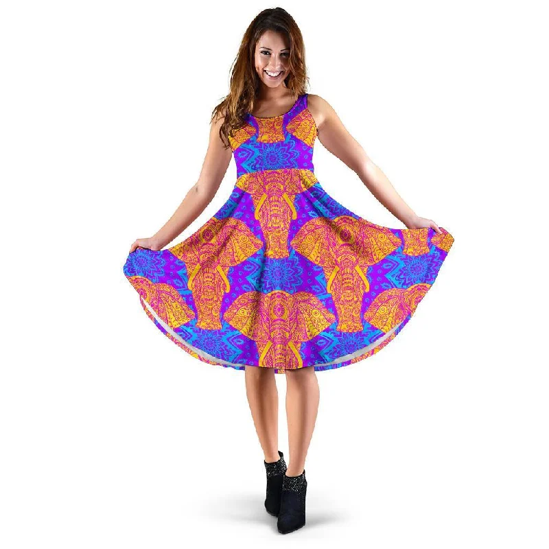 Yellow Elephant Mandala Print Dress empire Waist empire