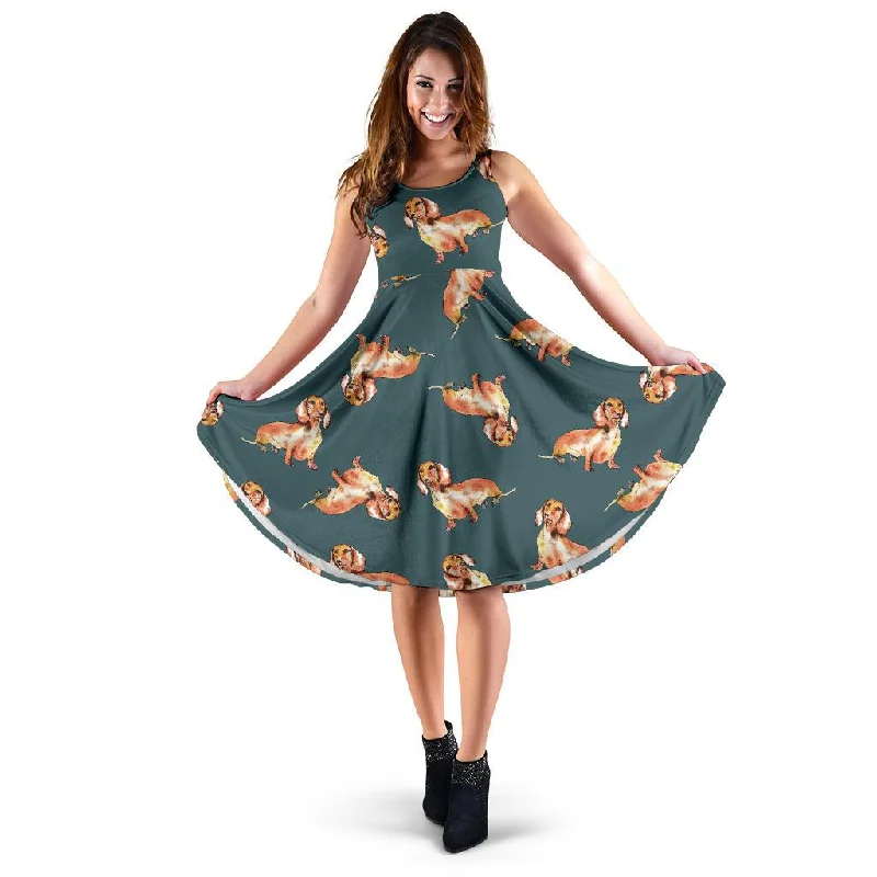Wiener Dog Dachshund Portrait Pastel Pattern Print Dress Tunics Satin smooth