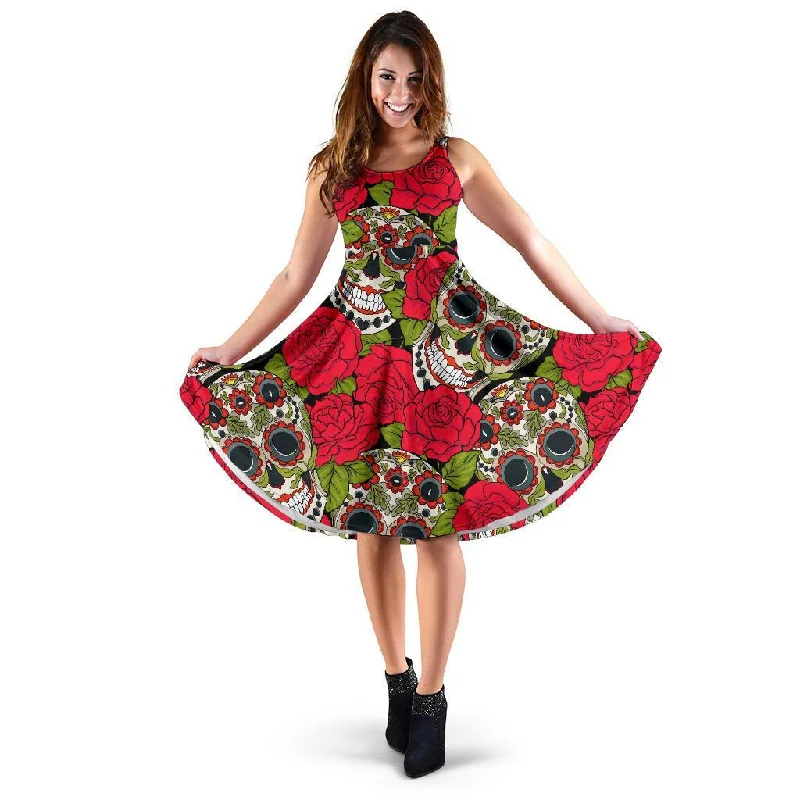 Sugar Skull Skeleton Girly Floral Rose Pattern Print Dress Casual Short Summer