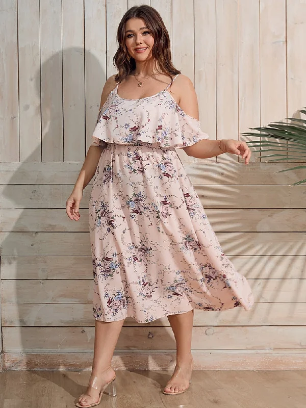 BerriesJam - Floral Print Cold Shoulder Ruffle Trim High Waist Dress Tunics Versatile functional