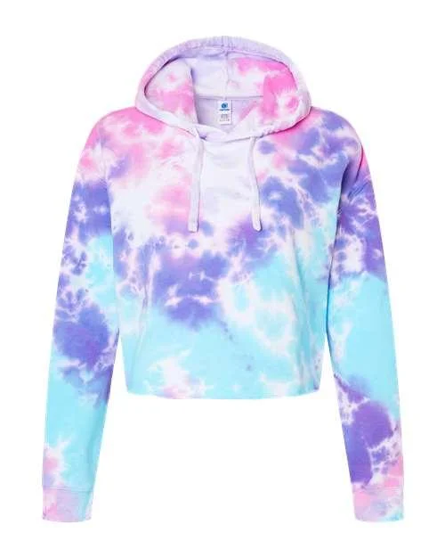 Colortone Women's Tie-Dyed Crop Hooded Sweatshirt 8333 Hoodie with Hem Fringe Bohemian Relaxed