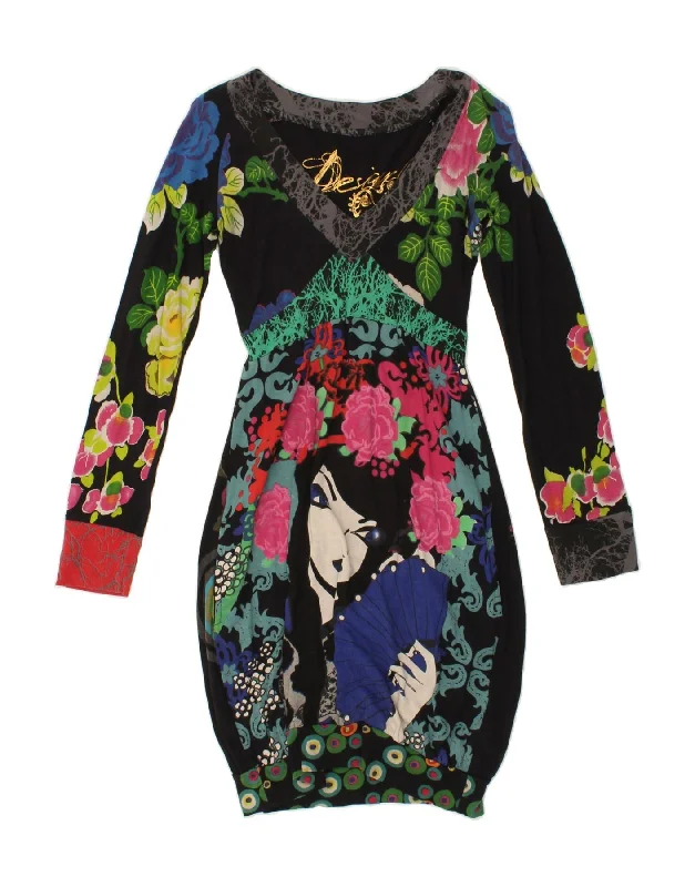 DESIGUAL Womens Long Sleeve Bubble Dress UK 12 Medium Black Floral Cotton Tunics Ceremony elegant