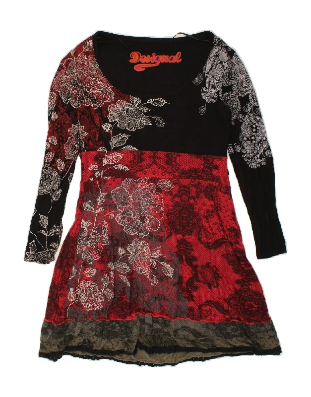 DESIGUAL Womens Graphic Long Sleeve A-Line Dress UK 14 Large Black Floral Boatneck Modish Everyday