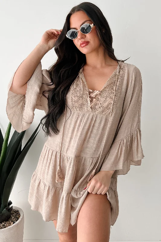 Chasing Waves Linen Cover Up Dress (Taupe) Tunics Sophisticated sleek