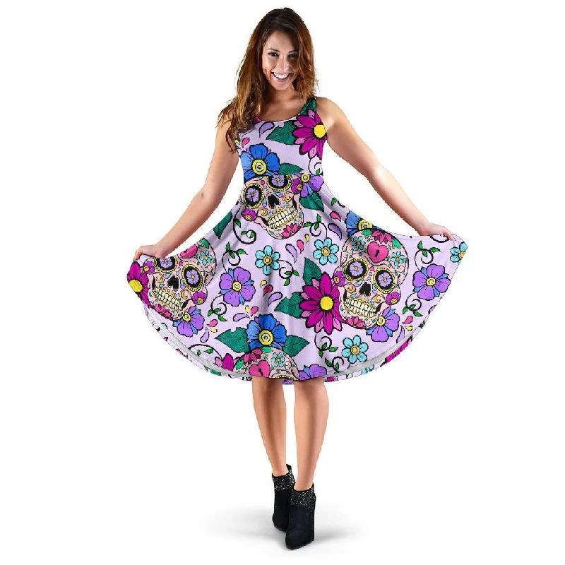 Sugar Skull Skeleton Girly Floral Pattern Print Dress A-Line Day Work