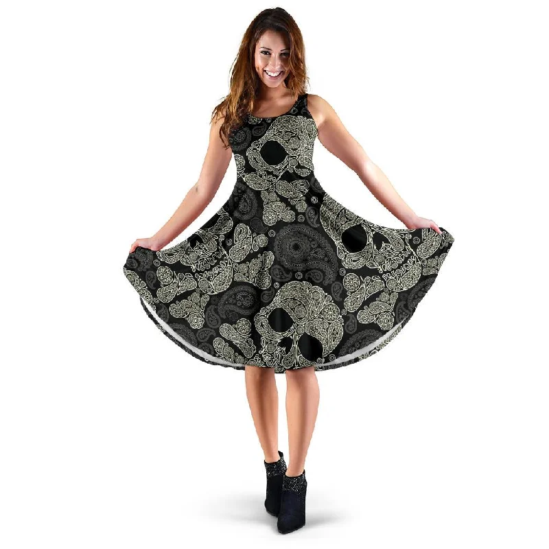 Sugar Skull Skeleton Girly Paisley Pattern Print Dress Tunics Luxurious high-end