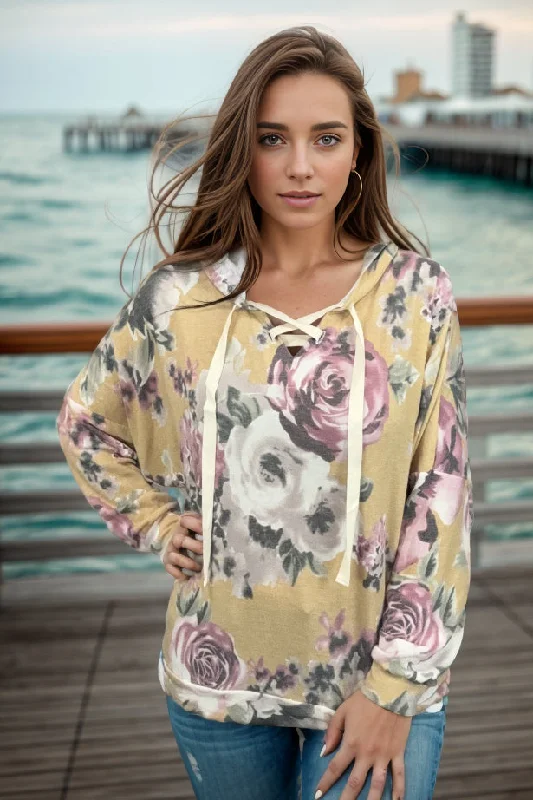 Mustard Floral Hoodie Hoodie with Longline Fit Extended Stylish