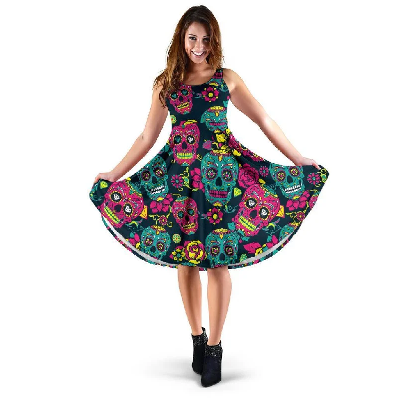 Sugar Skull Girly Skeleton Floral Pattern Print Dress Cowl Neckline Elegant