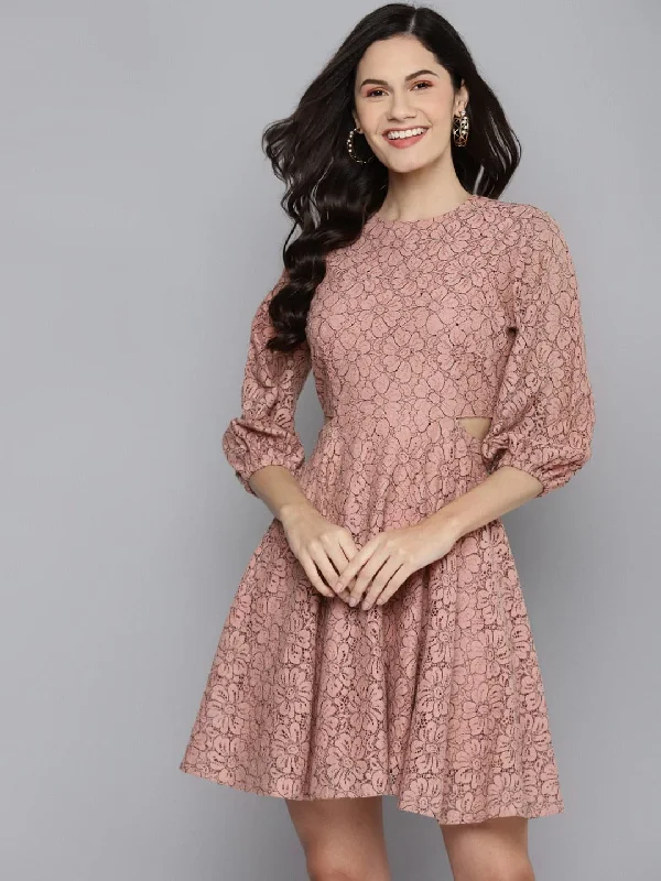 Women Dusty Pink Lace Waist Cut-Out Dress Tunics New arrival