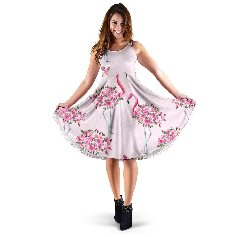 Tropical Flamingo Hawaiian Floral Pattern Print Dress Crew Neckline Sporty