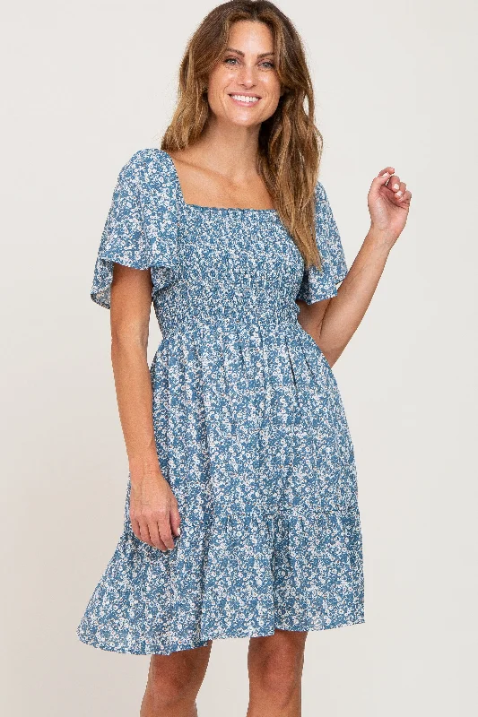 Blue Floral Print Smocked Dress Tunics Recommended stylist