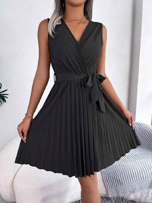 Tied Surplice Sleeveless Pleated Dress Tunics Bestseller popular