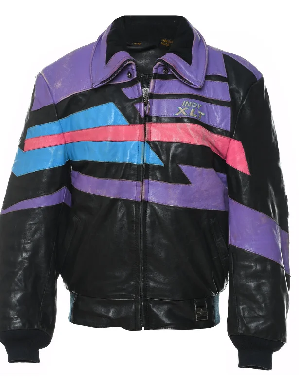 Black, Purple & Pink Polaris 1990s Leather Racing Jacket - S A-Line Jacket Boat Neck Shawl Collar
