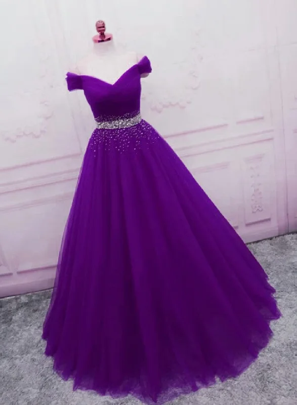 Sequins Sweetheart Long Party Dresses, Purple Tulle Evening Gown Tunics Polka dots