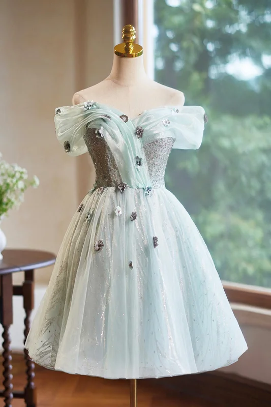 Lovely Tulle Knee Length Green Party Dresses, Off the Shoulder A-Line Evening Dresses Tunics Chinos classic