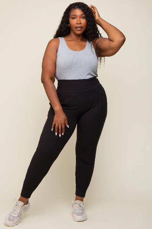 Black Soft Knit Plus Jogger Pants Cozy Full-Length Pants
