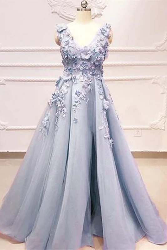 V Neck Blue Lace Floral Long Prom Dresses, V Neck Blue Formal Dresses, Blue Lace Party Dresses Tunics Designer luxury