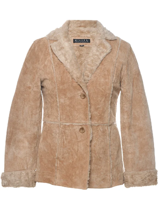 Brown Shearling Suede Jacket - S Nylon Fabric Polyester Fabric Spandex Fabric
