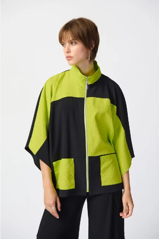 Joseph Ribkoff Color Block Mixed Fabric Zip Front Boxy Jacket 241198 Zip Front Button Front Snap Front