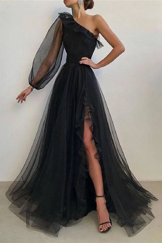 One Shoulder Black Tulle Long Prom Dresses with High Slit, Black Tulle Formal Dresses, Black Party Dresses Tunics Sale discount