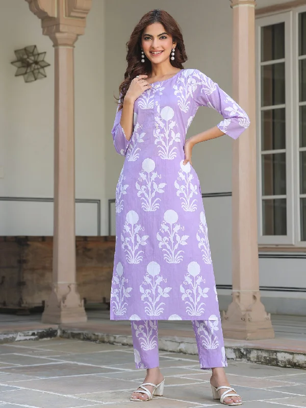 Lavender Pure Cotton Floral Printed Straight Kurta Pant Set Formal Linen Trousers