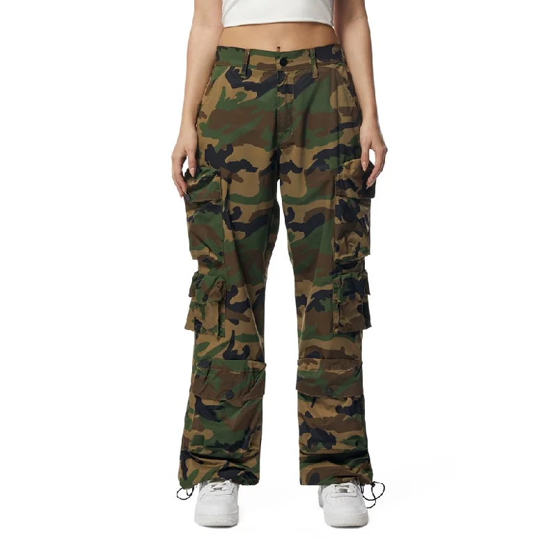Wide Leg Cargo Pants - Wood Camo Soft Stretch Trousers
