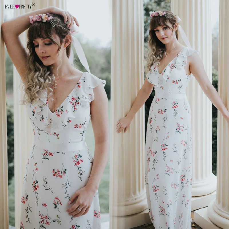 New Bridesmaid Dresses Ever Pretty Long Floral Chiffon A-line Sleeveless V-neck Wedding Beach Dress Women Party Dresses Pleated Skirt Elegant