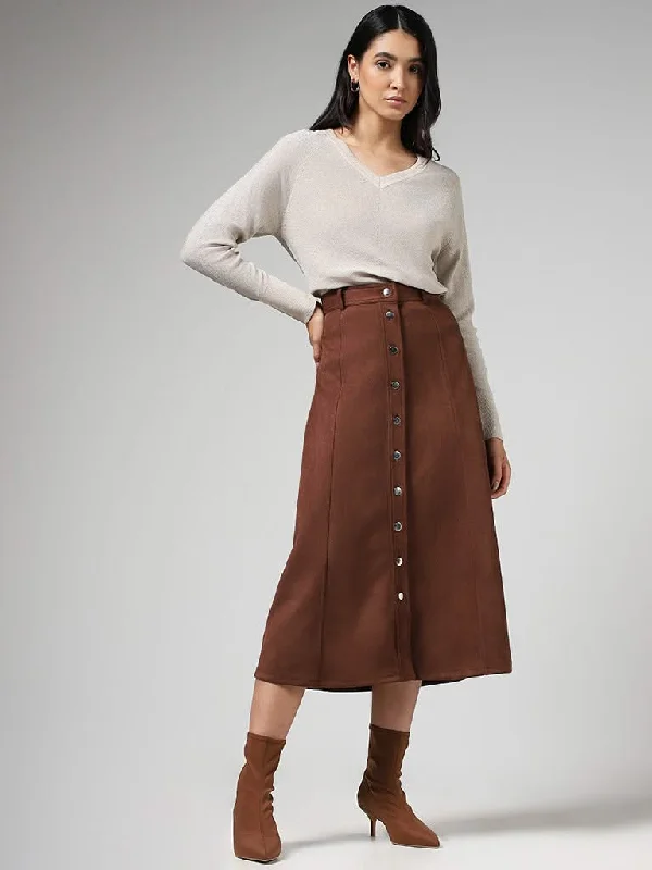 LOV Brown Buttoned Down Suede Midi Skirt velvet skirt glossy
