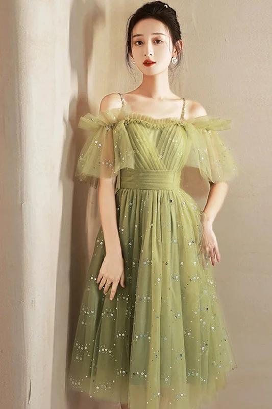 Green Spaghetti Strap Tulle Short Prom Dress, Charming Knee Length A-Line Party Dress Tunics Prom sequined