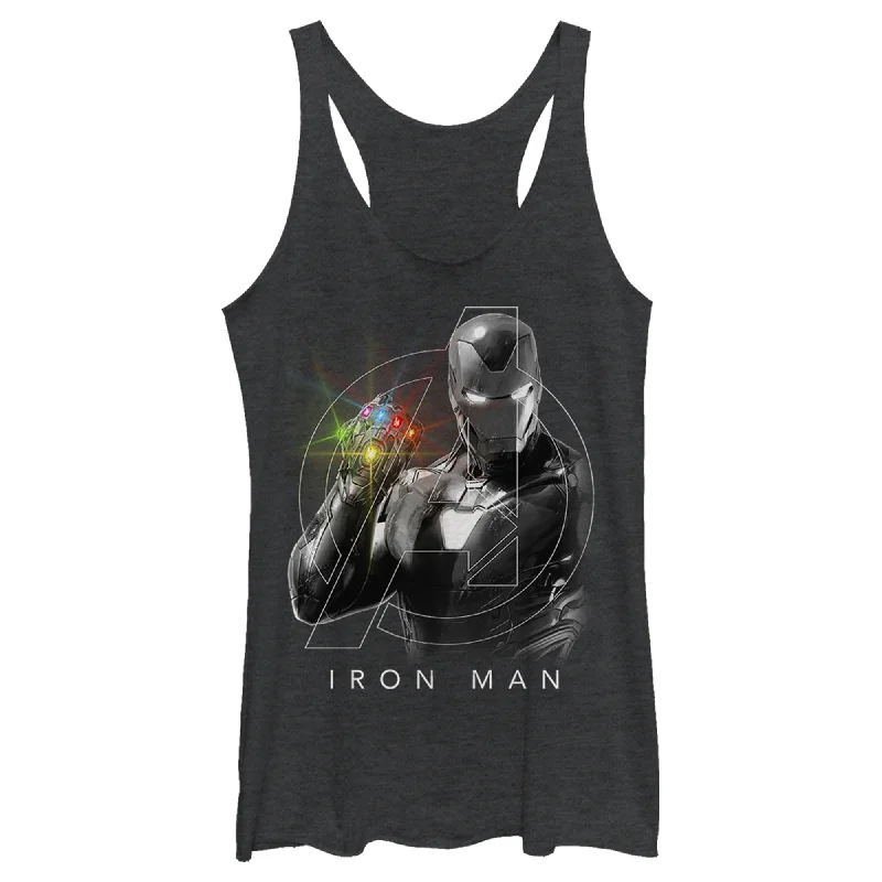 Women's Marvel Avengers Endgame Glowing Stones Logo Overlay Portrait Racerback Tank Top bright tank top