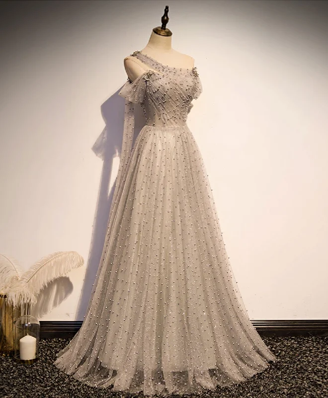 Grey One Shoulder Pearls Tulle Long Evening Dresses, Light Grey Party Dresses Formal Dresses Turtleneck Warm Winter