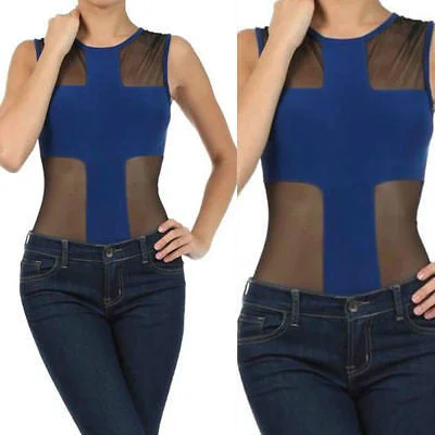 Blue Bodysuit Cross Mesh See Thru Sleeveless Tank Stretch Womens Top Sexy off shoulder tank