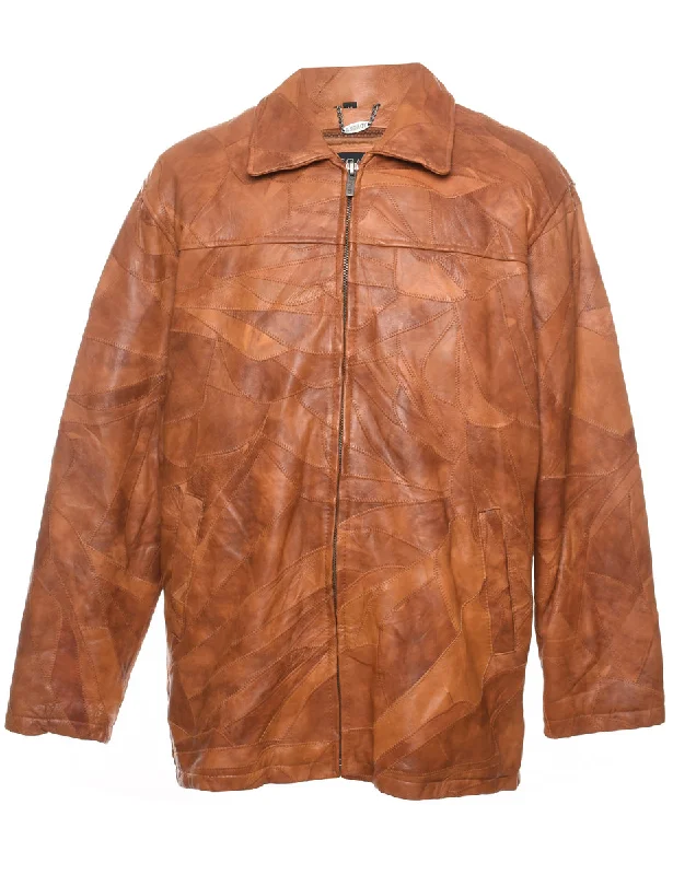 Brown Leather 1990s Patchwork Jacket - M Front Pockets Side Pockets Patch Pockets