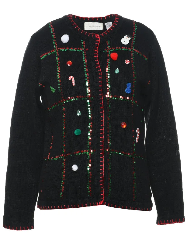 Black Christmas Cardigan - M Polka Dot Checkered Tartan