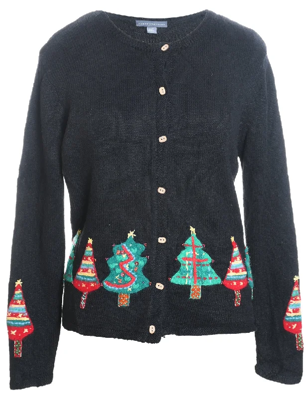 Black Christmas Tree Design Cardigan - L Collared Crew Neck Turtle Neck